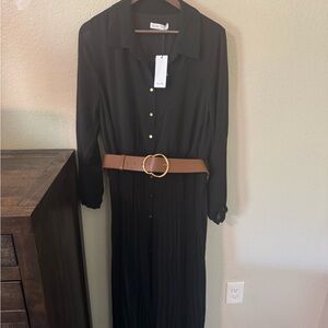 City Chic Black Long Sleeve Dress with Brown Belt